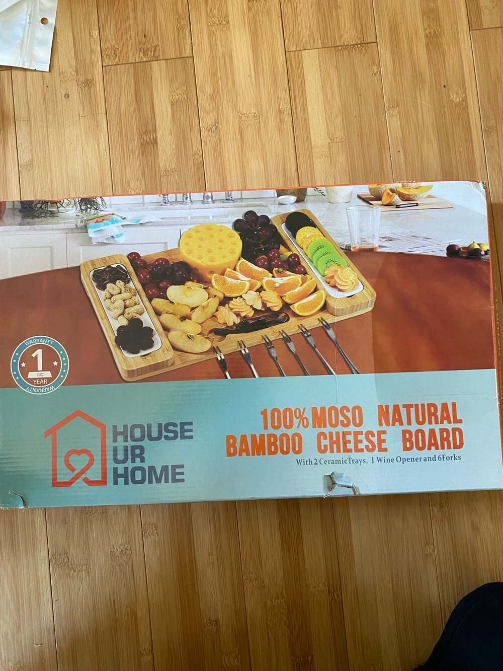 House Ur Home 100% Moso Natural Bamboo Cheese Board with 2 Ceramic Trays and 6 F